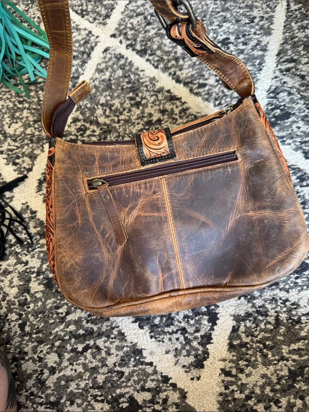 Source Unknown Brown Tooled Leather Shoulder Bag with Black & White Cowhide
